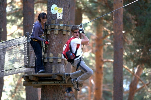 Lanzandose desde la plataforma del arbol
